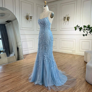 2024 Blue Mermaid Spaghetti Strap Beaded Luxury Evening Gown with Lace-Up Back for Women's Wedding Party