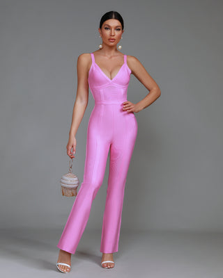 Ships in 1 to 3 Days -Sleek Satin V-Neck Jumpsuit with Wide-Leg Design