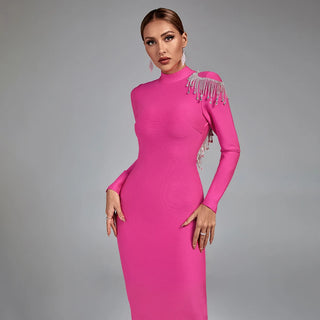 Ships in 1 to 3 Days - Elegant Beaded Backless Midi Dress with Diamond Tassels - Sexy Long Sleeve Rhinestone Bandage Cocktail Dress