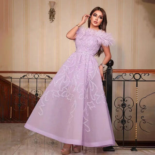 Arabic Lilac Dreams: 2024 A-Line Ankle-Length Evening Gown - Luxury Beaded Feather Dress for Women's Wedding Party