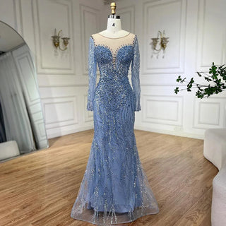 Dubai Arabian Blue Elegance: 2024 Mermaid Luxury Beaded Pearls Evening Gown - Elegant Dress for Women's Wedding Party