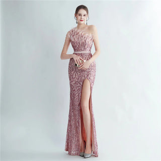 Elegant Slash Neck Feather Sequin Evening Dress - Beaded Long Party Maxi Dress for Women