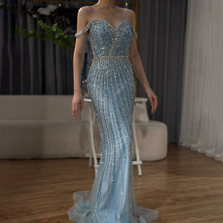 2024 Blue Mermaid Prom Gown with Beaded Detailing - Luxury Saudi Evening Dress for Formal Occasions