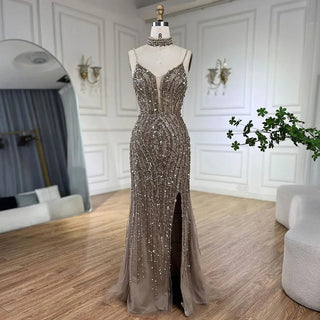 Silver Nude Mermaid Split Strap Evening Dress: Spaghetti Strap, Beaded Prom Gown for Women's Party 2024