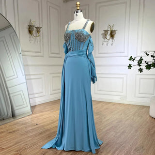 Dubai Luxury Evening Gown: 2024 Blue High Slit Mermaid Spaghetti Strap Gloves Perfect for Wedding Parties