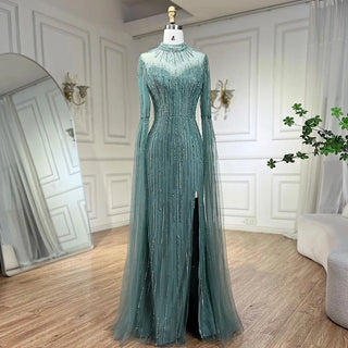 Arabic Turquoise Mermaid Evening Gown with Cape Sleeves and Split, Beaded Detail - Perfect for Women's Wedding, Prom, or Party