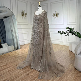 Gray Elegance: 2024 Mermaid Evening Gown with Cape Sleeves, Luxury Beading, and Arabic Inspiration