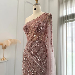 Luxury Pink One-Shoulder Mermaid Arabic Evening Dresses with Cape Sleeve and Side Slit: Ideal for Dubai Wedding Party Gowns