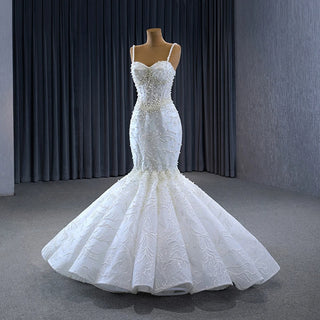 Luxury Pearl Spaghetti Strap Mermaid Bridal Wedding Gown