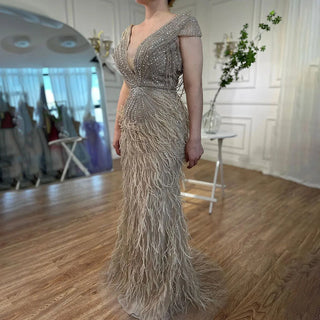 Arabic Brown Mermaid Elegant Evening Gown 2024: Feathers, Beaded Luxury for Women's Wedding Party