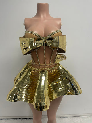 Futuristic Metallic Structured Corset and Skirt Set