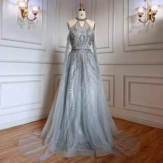 Luxury Dubai Blue Evening Dresses with Cape Sleeves: Elegant Silver Gray and Gold for Women's Wedding Party Gown