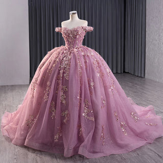 Princess Pink Appliquéd Flower Quinceañera Dress with Long Train