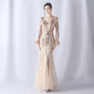 Sexy Gold Sequin Feather Long Sleeve Prom Dress - Evening Party Maxi Dress for Women