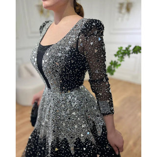 Ships in 1 to 3 Days - Muslim Black A-Line Evening Gown: Luxurious Sequined and Beaded Elegance for Women's Wedding Party 2024