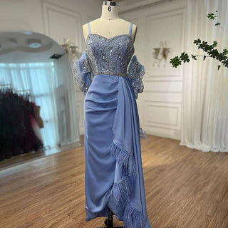 Arabic Blue Elegant Mermaid Evening Dress: Puff Sleeves with Beaded Feathers, Luxury Dubai Design for Women's Party