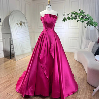 Fuchsia A-Line Dubai Evening Gown 2024: Beaded Luxury Strapless for Women's Wedding Party