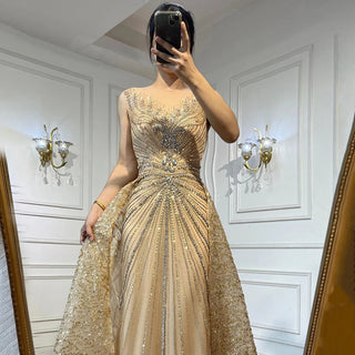 Gold O-neck Long Sleeves Mermaid Beaded Overskirt Evening Dresses Formal Party Gowns For Women 2023