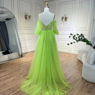 Arabic Lemon Spaghetti Strap Evening Gown Beaded Overskirt Luxury Dresses for Women's Wedding Party 2024