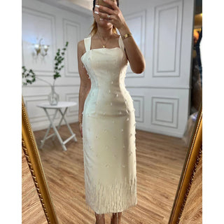 Arabic Beige Elegant Mermaid Ankle-Length Beaded Crystal Luxury Evening Dress - Women's Party 2024