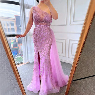 Pink High Split Mermaid Evening Dress - Elegant Luxury Beaded Gown for Women's Party (2024)