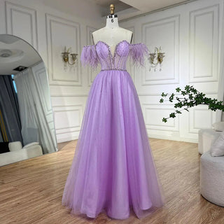 Ships in 1 to 3 Days - Dubai Arabic Elegant Lilac Feathers Beaded A-Line Evening Gown 2024 Luxury Dress for Women Long Party Dress