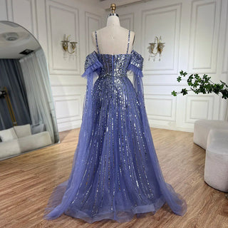 2024 Arabic Blue A-Line Elegant Beaded Luxury Evening Gowns for Women with Detachable Cape Sleeves | Party