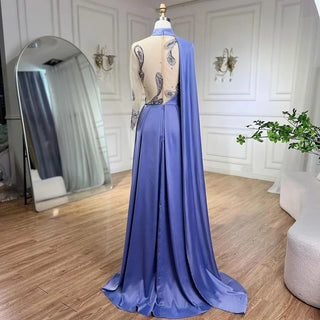 Arabic Blue Mermaid Elegant Cape Sleeves Beaded Satin Luxury Evening Dress - Women's Party 2024