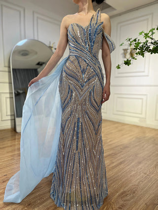 Ships in 1 to 3 Days - 2024 Arabic Blue One-Shoulder Luxury Dubai Evening Gown with Side Overskirt Beaded Dress for Women's Party