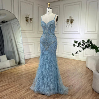 Ships in 1 to 3 Days - Arabic Blue Spaghetti Strap Feathers Beaded Luxury Dubai Evening Dresses Gowns For Women Wedding Party 2024