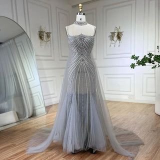 Blue Spaghetti Strap Long Cloak Mermaid Beaded Lace-Up Luxury Evening Dresses Gowns for Women Wedding Party