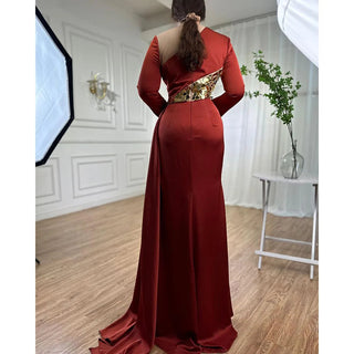 Ships in 1 to 3 Days - Wine Red Mermaid High Split Satin Evening Gown: Elegant O Neck for Women's Party 2024