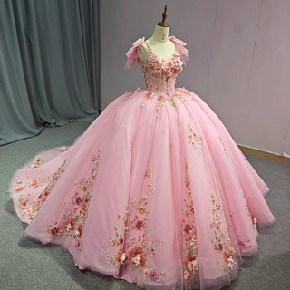 Exclusive Pink Bow Sequins Beaded Flower Ball Gown Evening Dress