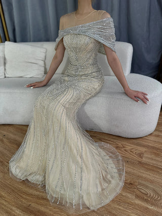 Saudi Arabic Silver Nude Beaded Mermaid Evening Gown - Luxury Dress for Formal Occasions