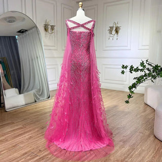 Feathered Fuchsia: 2024 Elegant Cap Sleeve Mermaid Evening Dress - Luxury Beaded Gown for Ladies' Wedding Party