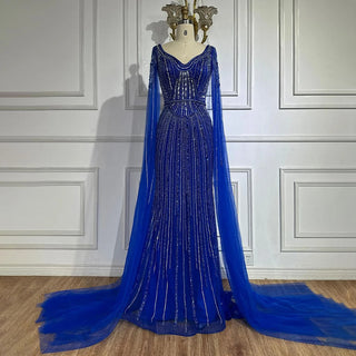 Dubai Royal Blue Elegant Cape Sleeves Beaded Arabic Luxury Evening Dresses: Gowns for Women's Party 2024