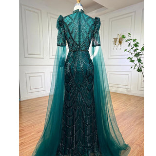 Emerald Green Luxury Dubai Evening Dresses with Cape Sleeves: Arabic Muslim Women's Wedding Party Gowns