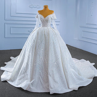 Bling Off-Shoulder Long Sleeve Bridal Sequin Ball Gown Wedding Dress