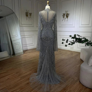 Ships in 1 to 3 Days - Dubai Gray Elegant Mermaid Lace Evening Dress - Luxurious Beaded Arabic Style for Women's Wedding Party 2024