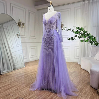 Arabia Lilac Elegant Mermaid Evening Dress with Overskirt - Luxury Beaded Gown for Women's Wedding Party 2024