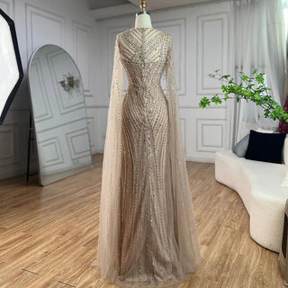 Arabic Elegant Cape Sleeves Mermaid Nude Dubai Evening Dress - Beaded Luxury Gown for Women's Party 2024