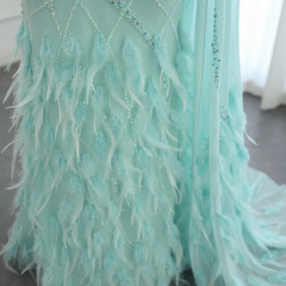 Luxury Feather Turquoise Aqua One Shoulder Mermaid Evening Dress with Cape Train Long Prom Wedding Party Gowns