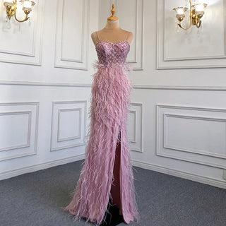 Dubai Pink Plume: 2024 Luxury Mermaid Evening Dress with Spaghetti Straps and Side Slit for Weddings and Proms.