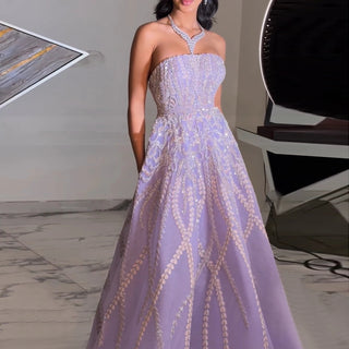 Luxury Dubai Beaded Arabic Lilac Evening Dress with Sleeves and Strapless Design - Women’s Wedding Party Gown