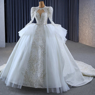 Luxury High Neck Long Sleeve Bridal Puffy Wedding Gown