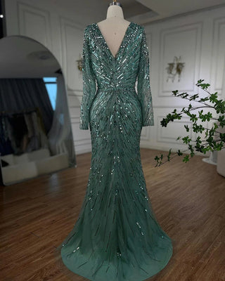 Arabic Turquoise Elegant Mermaid Evening Gown: Beaded Open Split for Women's Wedding Party 2024