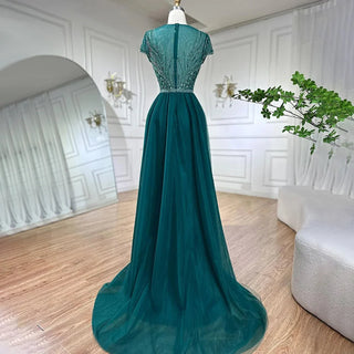 Green Mermaid Elegant Evening Dress with Overskirt - Beaded Luxury Dubai Gown for Women Wedding Party 2024