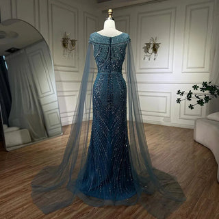 2024 Arabic Blue Mermaid Elegant Cape Sleeves Beaded Luxury Evening Dresses Gowns for Women Wedding Party