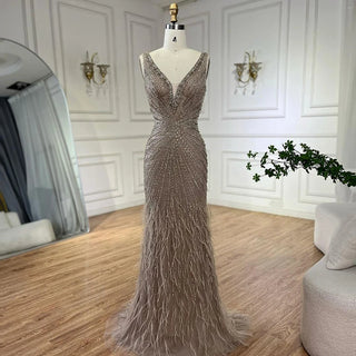 Luxury Dubai Caramel Spaghetti Strap Evening Dresses with Feathers For Women’s Wedding Party