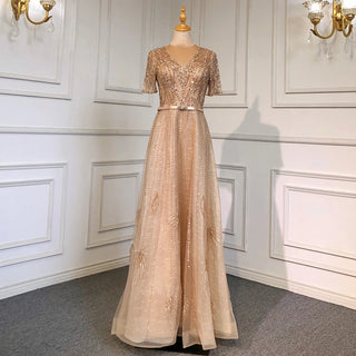 Gold Short Sleeves Evening Gown 2024: Luxury Beaded A-Line for Woman Party